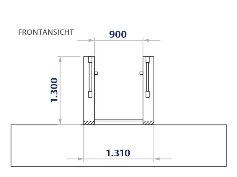 Frontansicht eines sani- trans Hublift HB 1300 mit Maßen