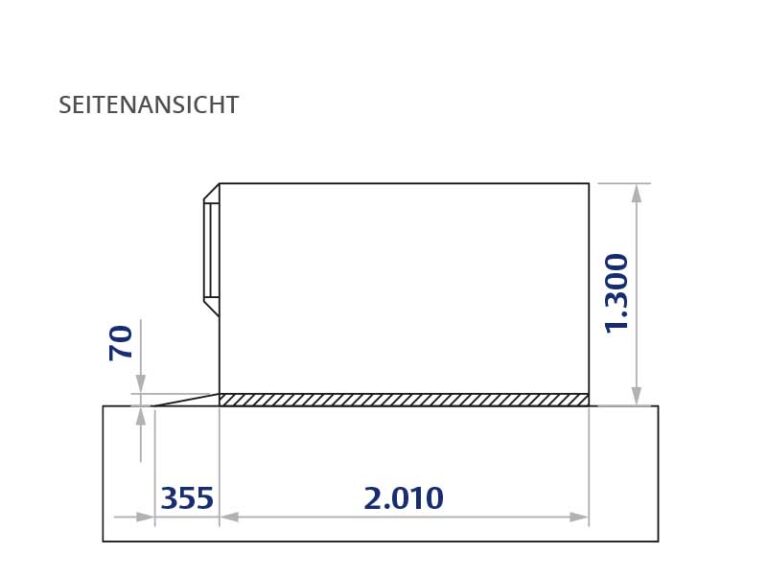 Seitenansicht eines sani- trans Hublift HB 1300 mit Maßen