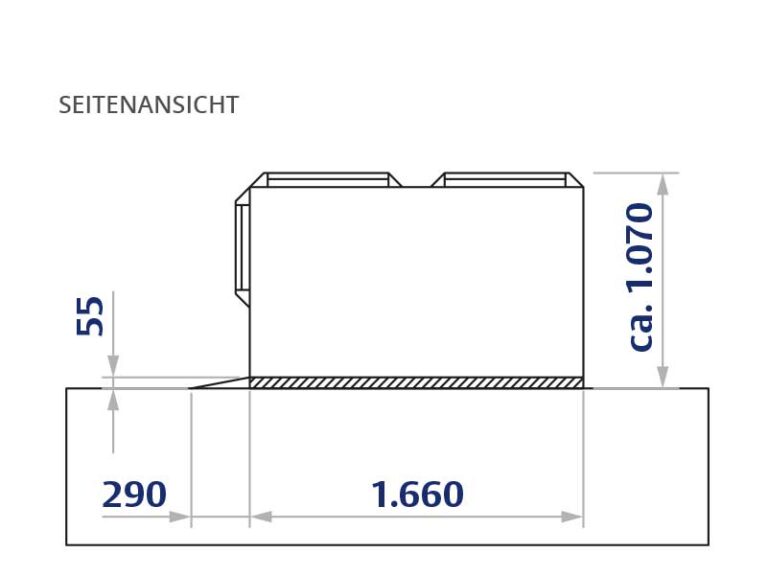 Seitenansicht eines sani- trans Hublift HB 930 mit Maßen