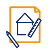 Analyse-Icon mit Haus, Lineal und Stift in Blau und Orange