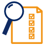Icon mit Lupe und Checkliste in Blau und Orange