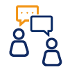 Dialog-Icon mit zwei Figuren und zwei Sprechblasen in Blau und Orange