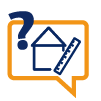 Anfrage-Icon mit Haus, Lineal und Fragezeichen in Blau und Orange