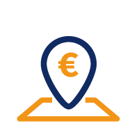 Orts-Icon mit Euro-Symbol in Blau und Orange